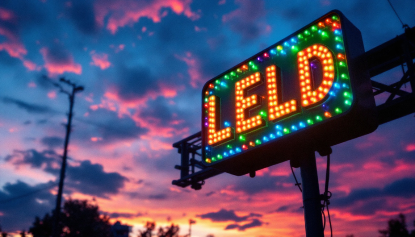 A photograph of a vibrant led sign illuminated at dusk