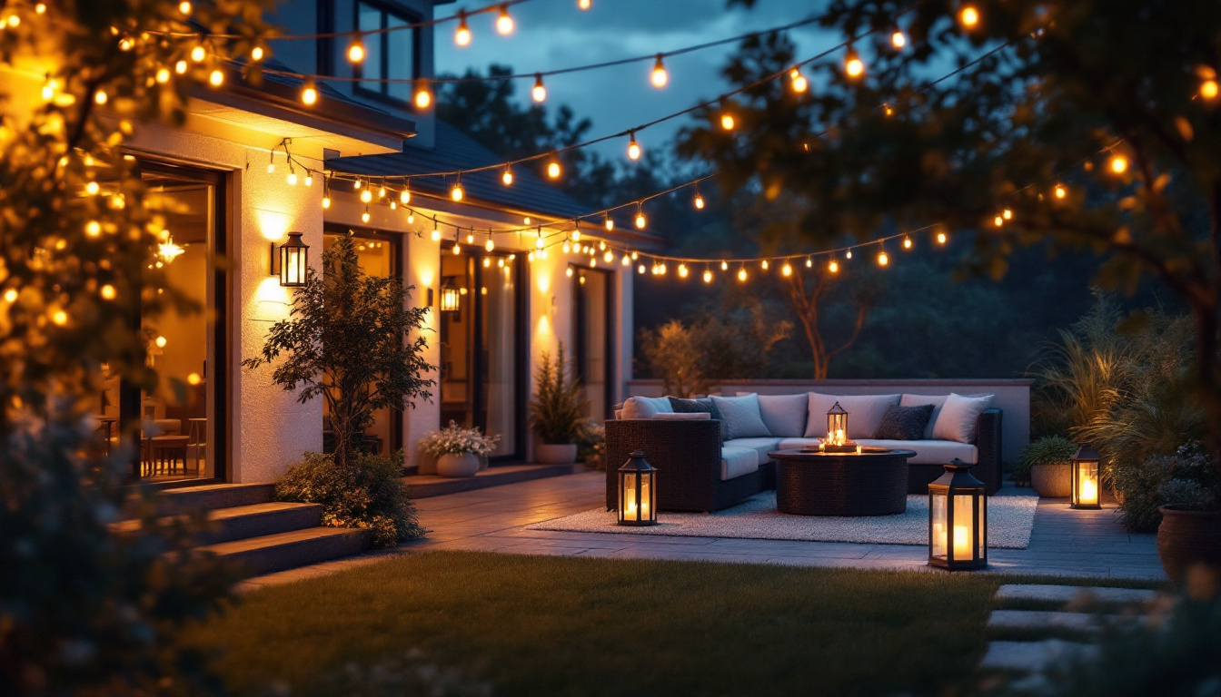 A photograph of a beautifully illuminated outdoor space featuring a variety of stylish lighting fixtures