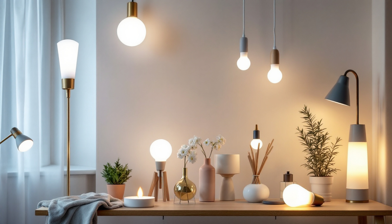 A photograph of a beautifully arranged display of various affordable light fixtures in a cozy