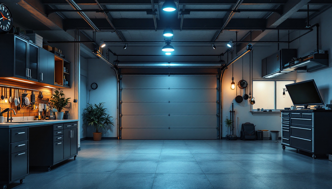 A photograph of a well-lit residential garage showcasing a variety of lighting options