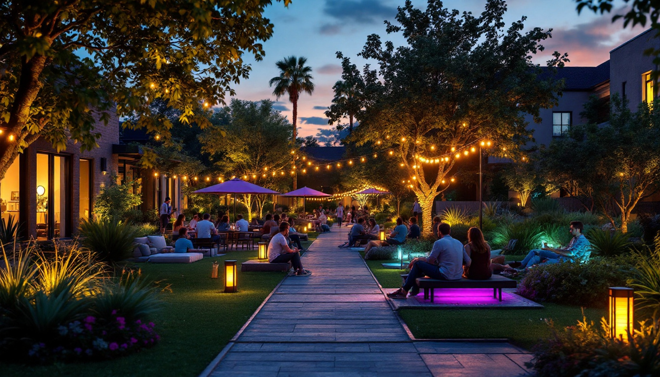 A photograph of a vibrant outdoor scene showcasing a solar-powered led lighting setup in use