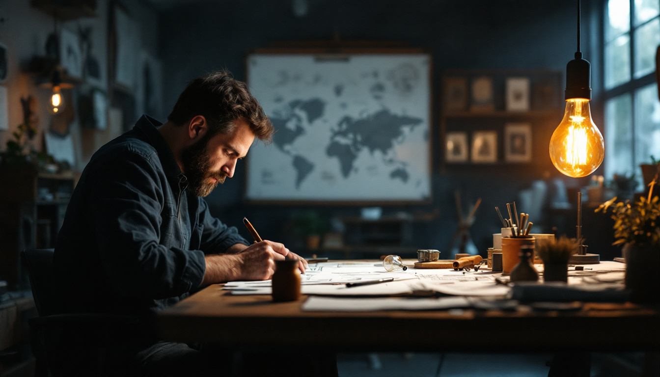 A photograph of a dimly lit workshop scene featuring an inventor surrounded by sketches and prototypes of early lighting devices