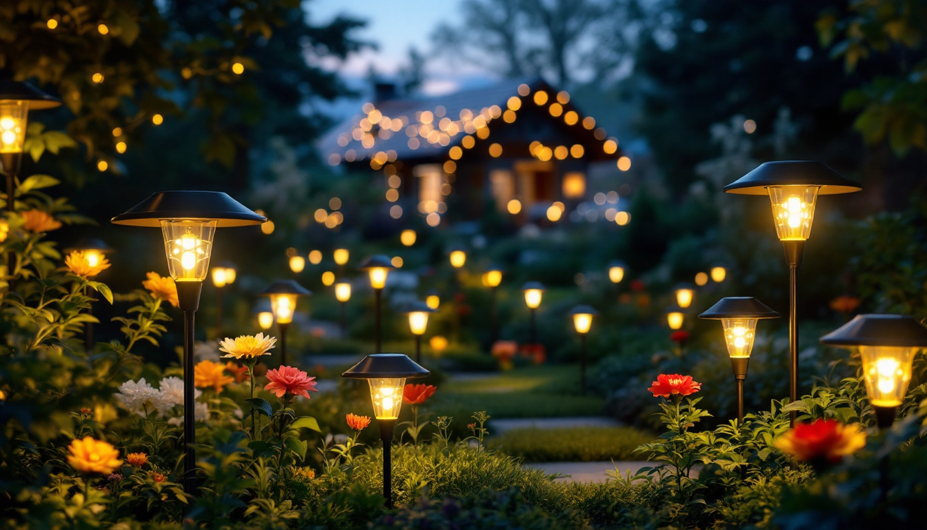A photograph of a beautifully illuminated garden at dusk