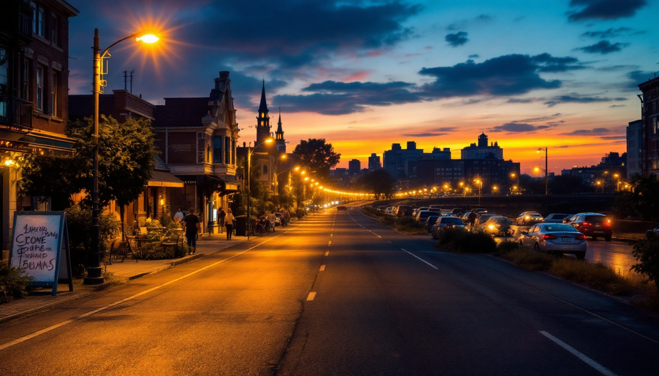 A photograph of capture a photograph of a vibrant urban scene illuminated by high pressure sodium lights at dusk