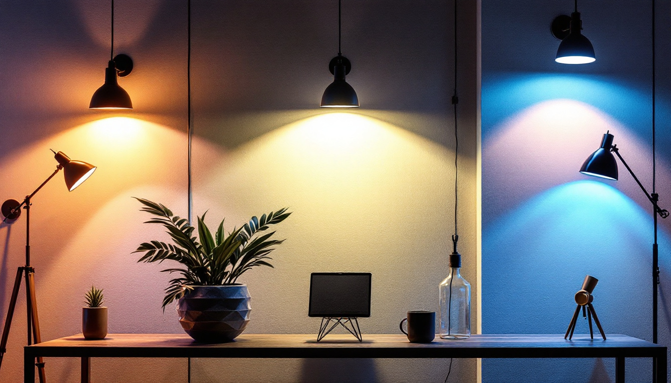 A photograph of a well-lit interior space showcasing various lighting fixtures in use