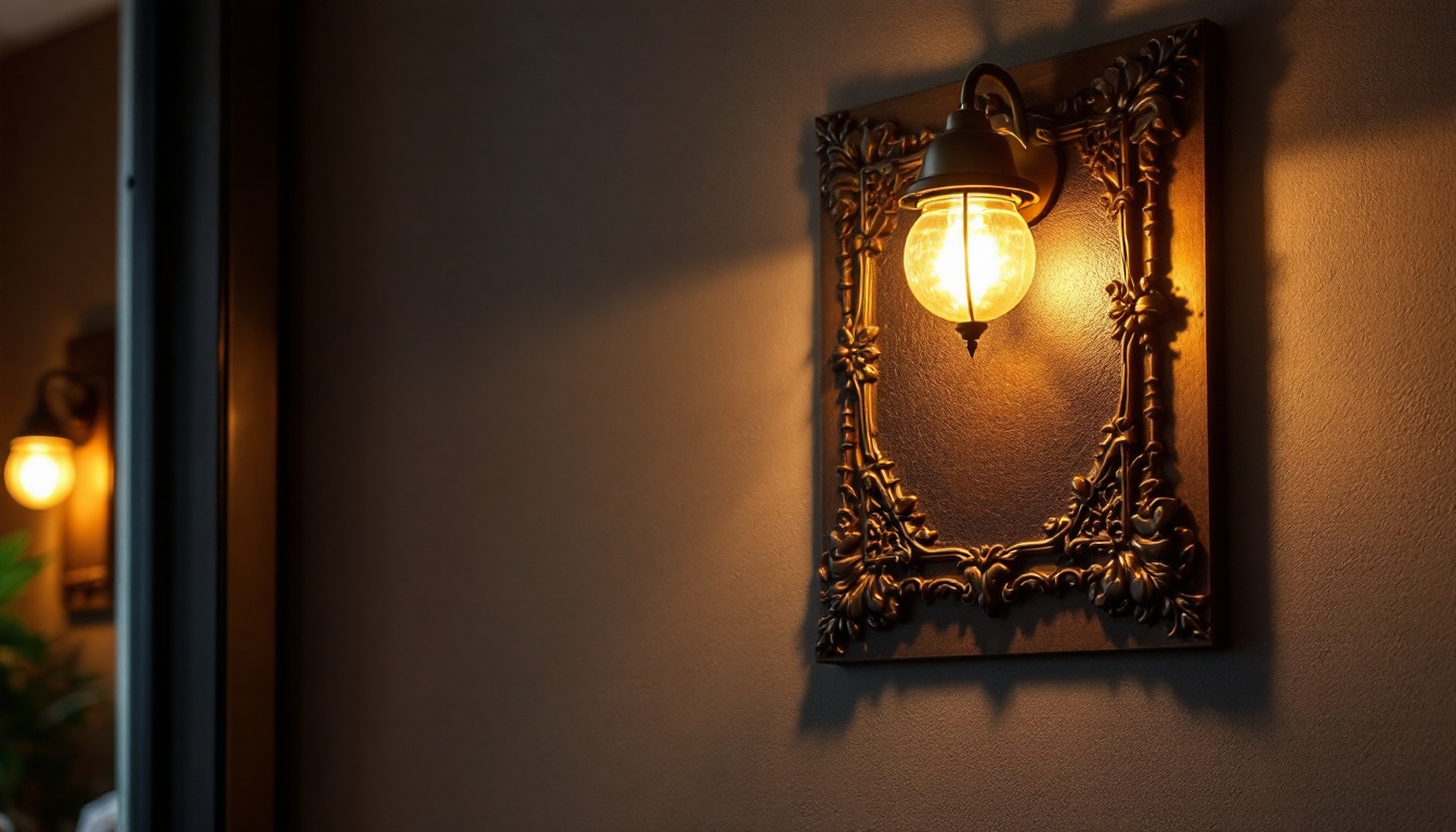 A photograph of a stylish wall sconce light illuminating a decorative plaque on a wall