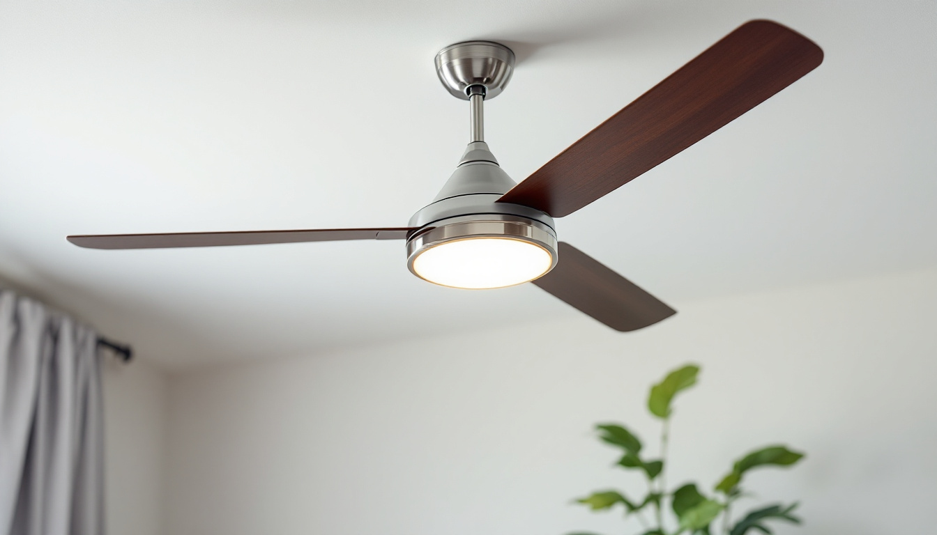 A photograph of a stylish ceiling fan with an integrated light fixture