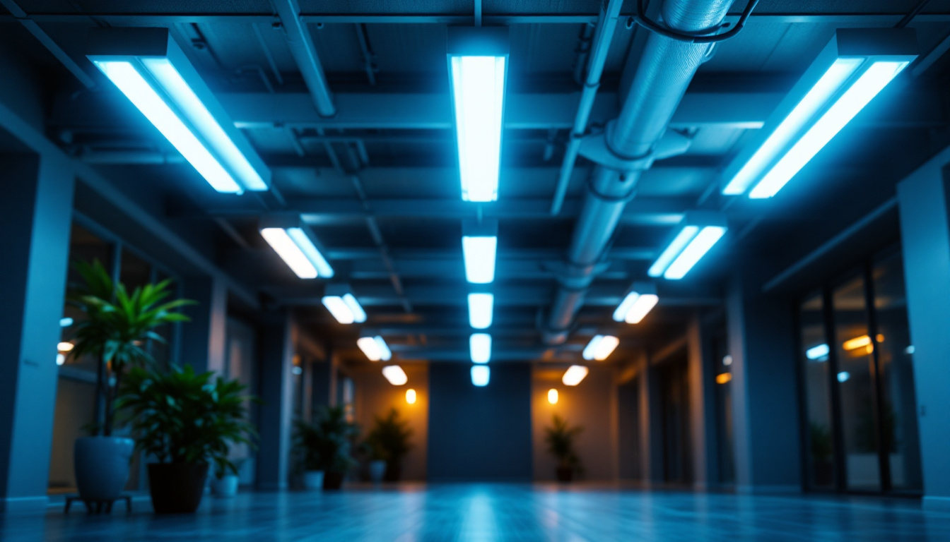 A photograph of a well-lit indoor space showcasing a comparison between led and fluorescent lights