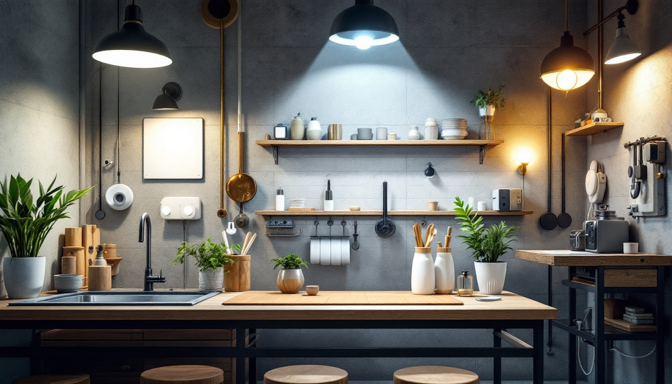 A photograph of a well-lit utility space showcasing various types of lighting fixtures in use