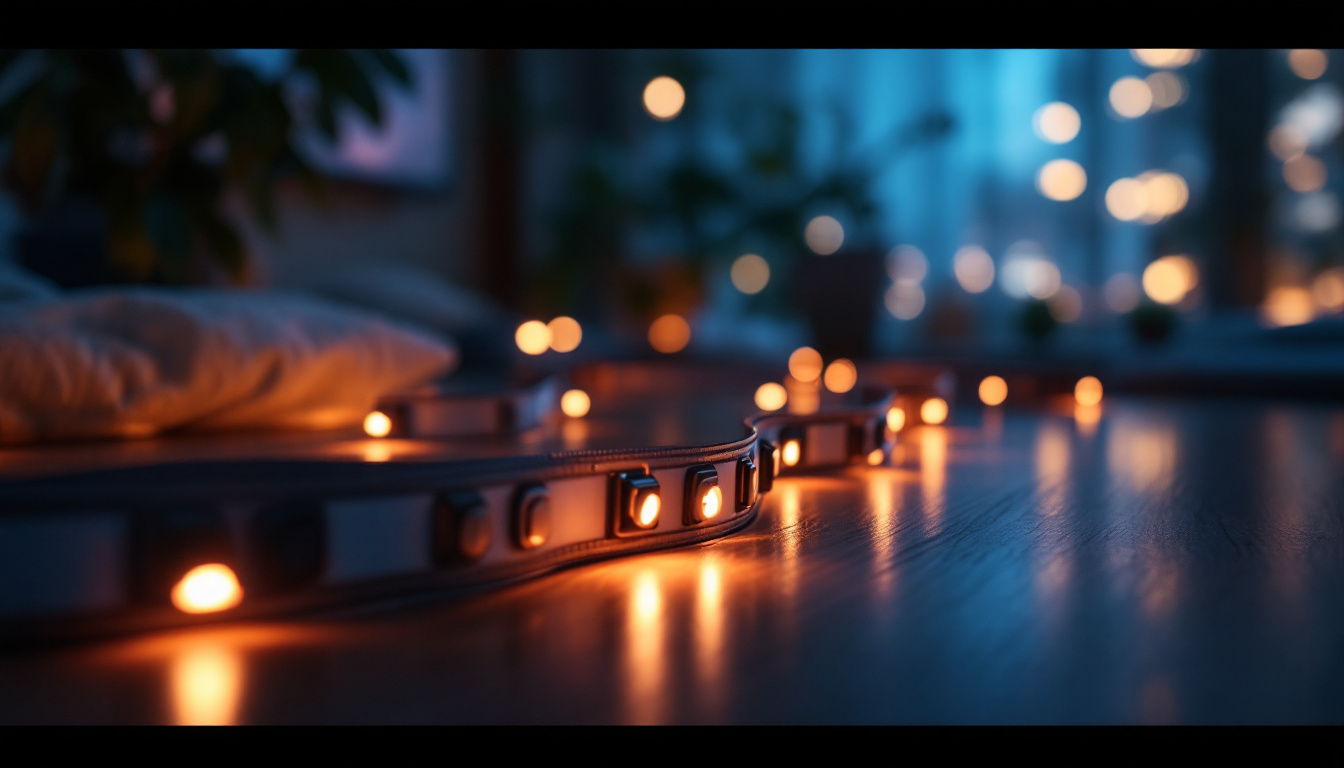 A photograph of a beautifully arranged lighting strip in a cozy