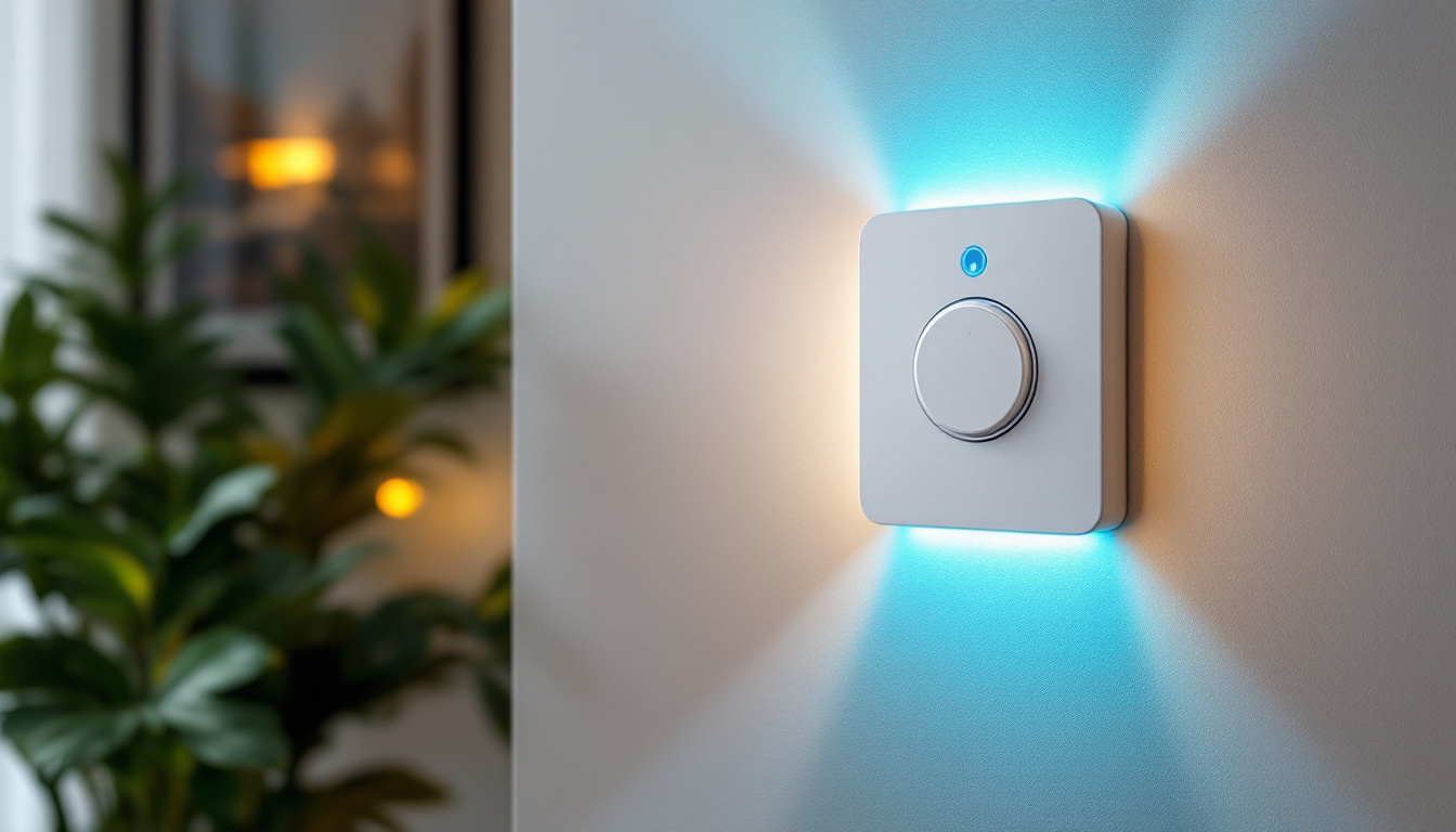 A photograph of a modern motion sensor light switch installed on a stylish wall