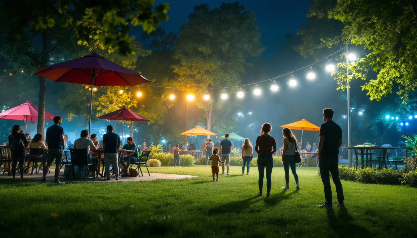 A photograph of a vibrant outdoor scene illuminated by led flood lights
