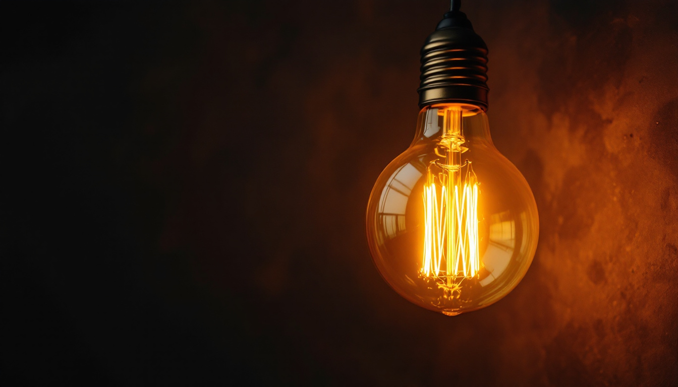 A photograph of a vintage-style retro light bulb glowing warmly against a dark