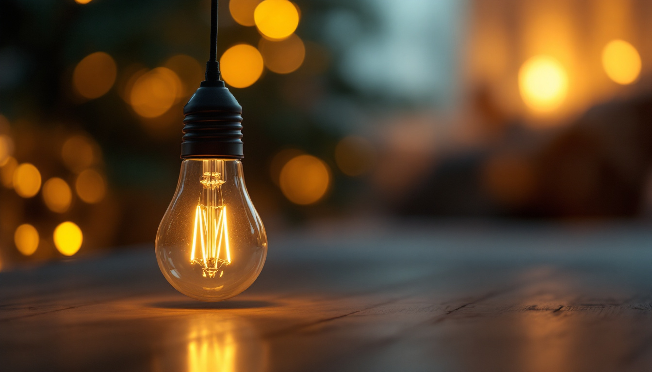 A photograph of a glowing 120v 60hz light bulb in a cozy indoor setting