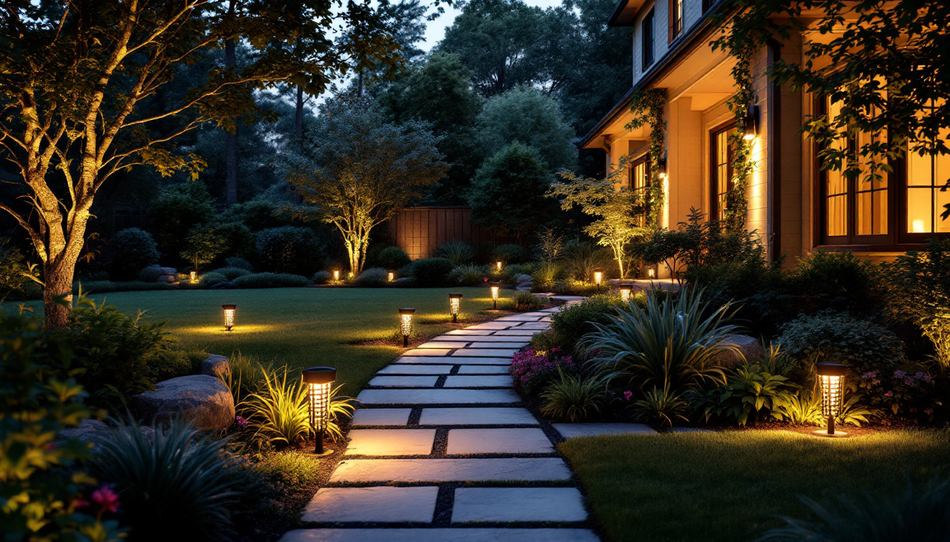 A photograph of a beautifully landscaped yard at dusk