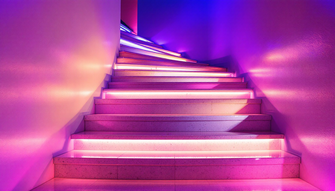 A photograph of a beautifully illuminated staircase featuring stylish staircase lights