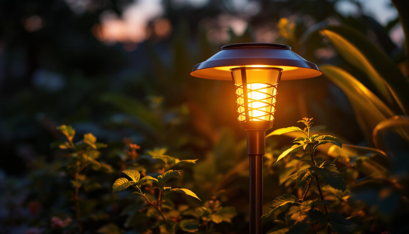 A photograph of a beautifully illuminated outdoor scene featuring a stylish solar lamp in a natural setting