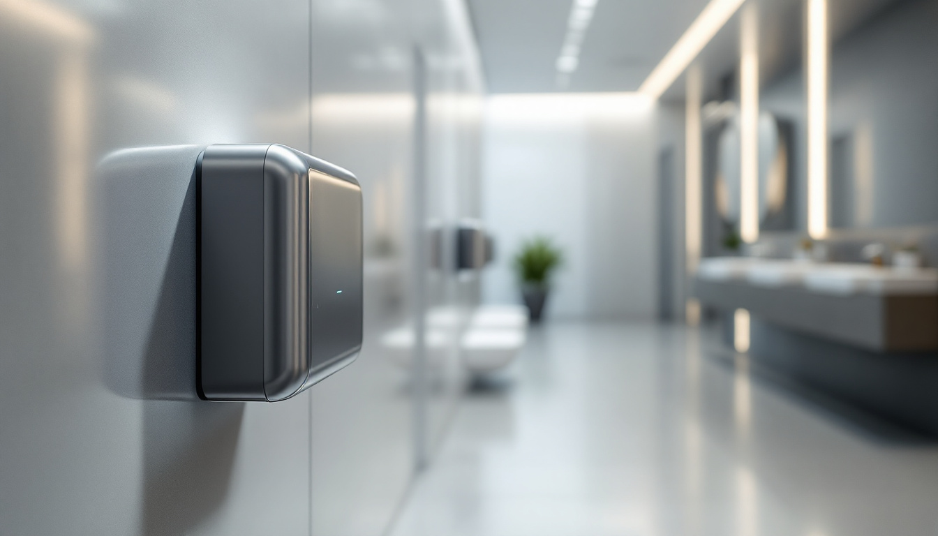 A photograph of a modern commercial hand dryer in a well-lit restroom setting