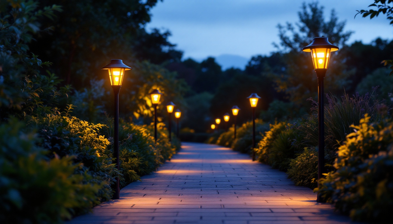 A photograph of a beautifully illuminated walkway at dusk