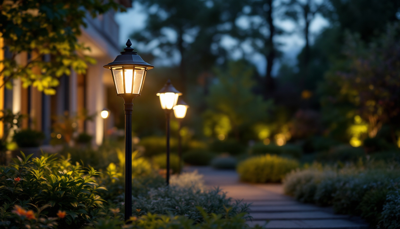 A photograph of a beautifully designed exterior lamp post illuminating a well-maintained garden or pathway at dusk
