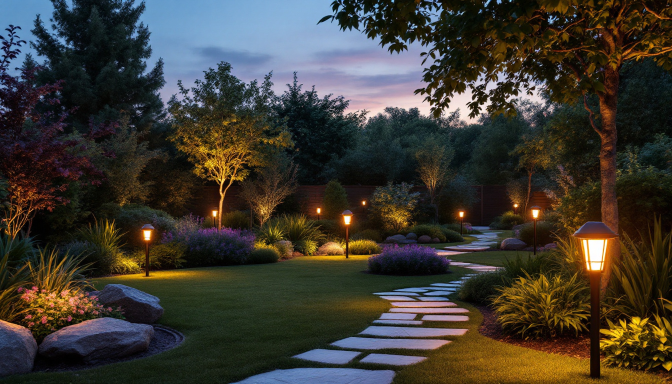 A photograph of a beautifully landscaped outdoor garden illuminated by a variety of solar-powered lights at dusk