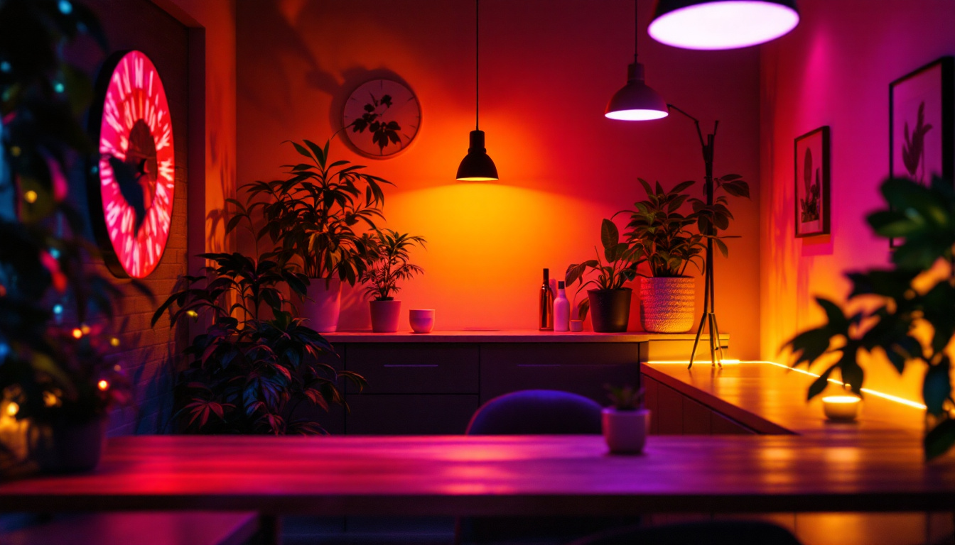A photograph of a vibrant scene showcasing various led light sources illuminating a modern space