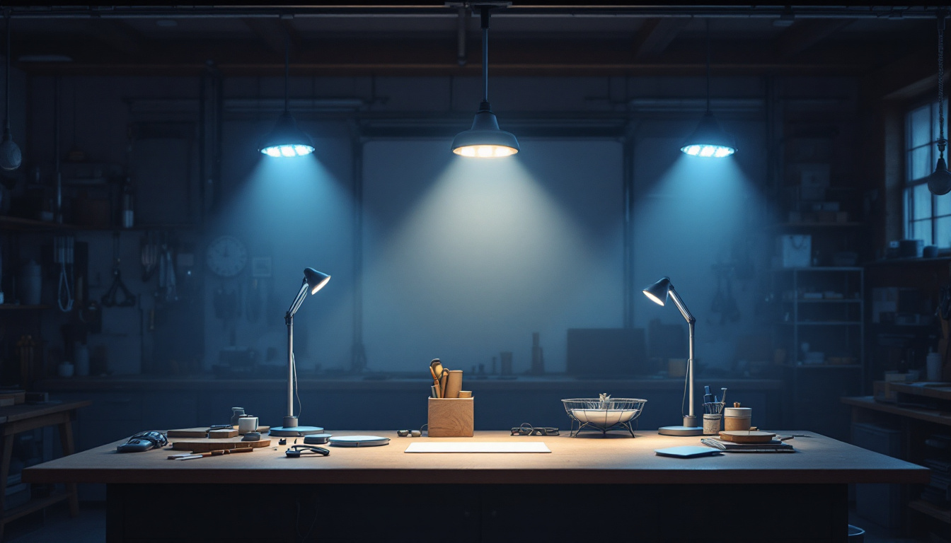 A photograph of a well-lit workshop or garage featuring linkable led shop lights in action