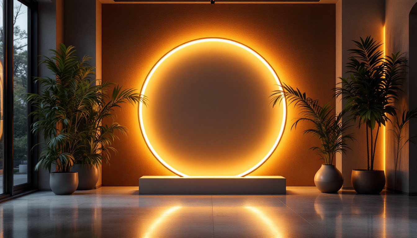 A photograph of a beautifully lit space featuring a modern circle light installation