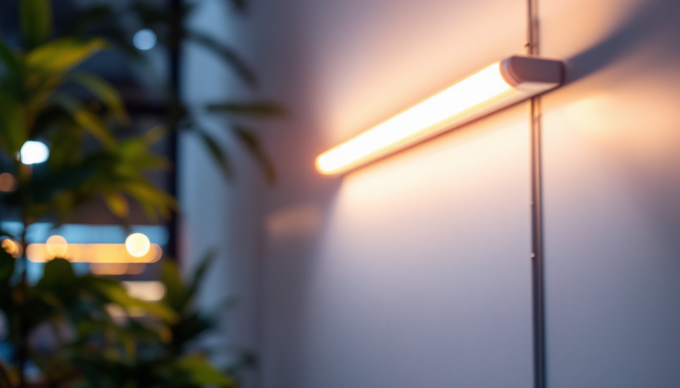 A photograph of a vibrant fluorescent tube light illuminating a modern workspace