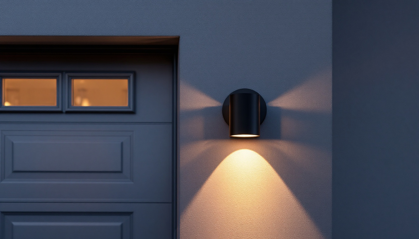 A photograph of capture a photograph of a beautifully designed outdoor garage light fixture illuminating a stylish garage entrance during twilight