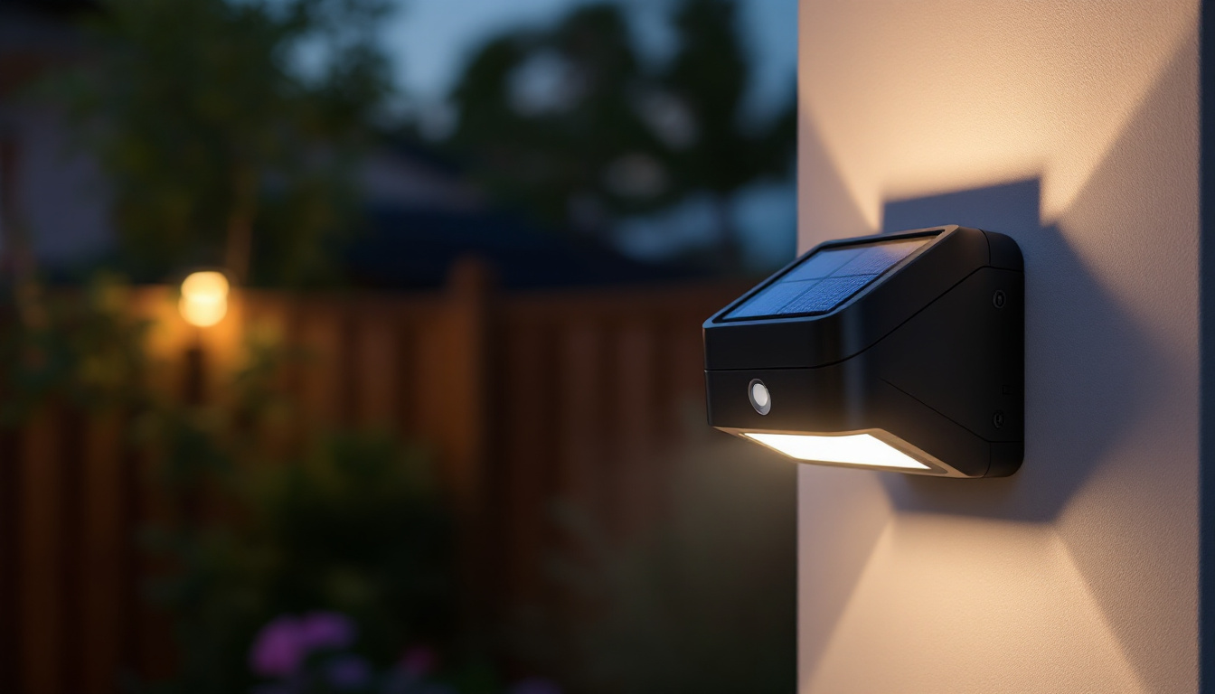 A photograph of capture a photograph of the solar led outdoor linkable motion-activated wall pack light mounted on a wall in an outdoor setting at dusk