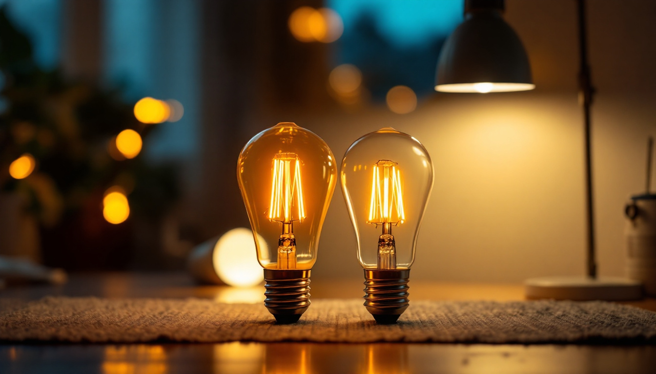 A photograph of a side-by-side comparison of fluorescent and led light bulbs illuminated in a home setting