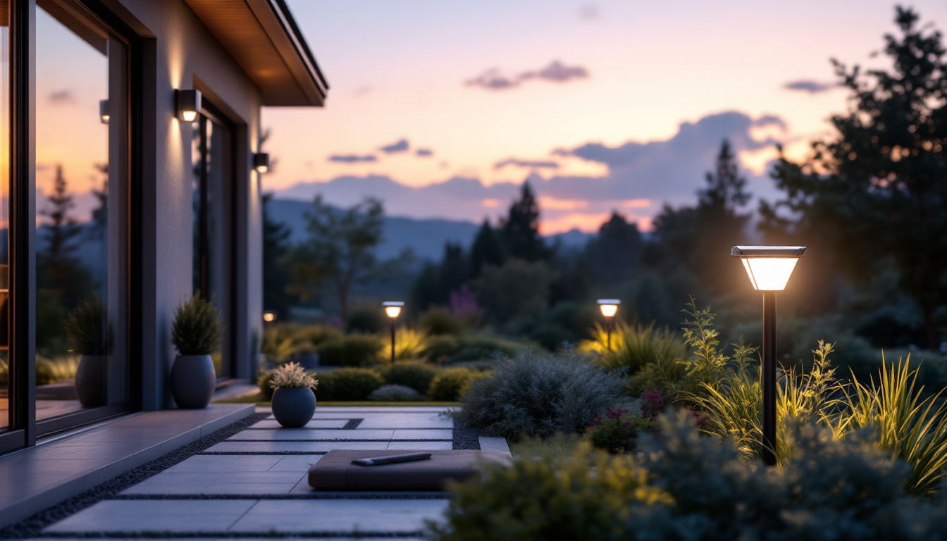 A photograph of capture a photograph of a beautifully illuminated outdoor space featuring solar security lights in action at dusk