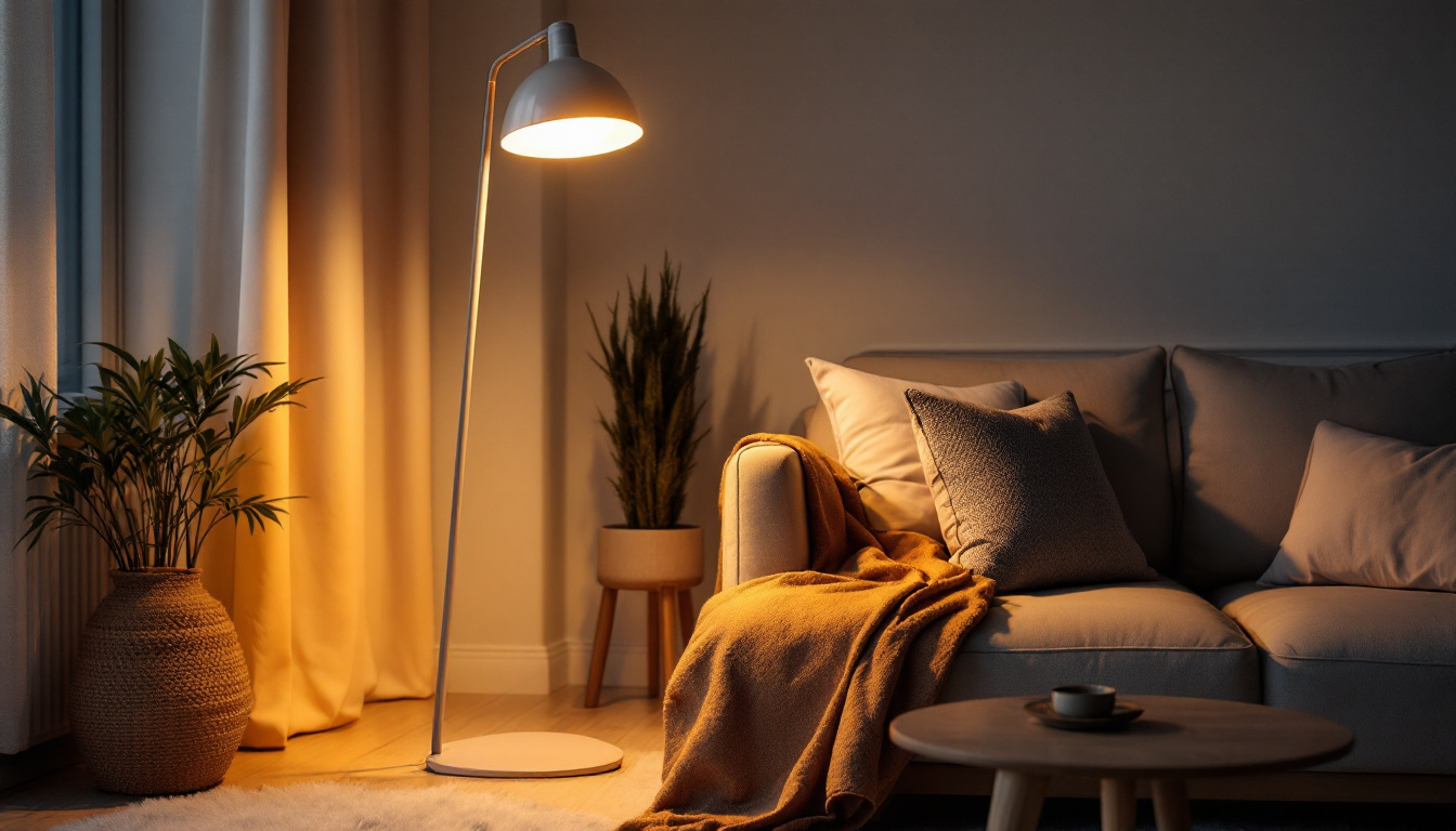 A photograph of a stylish floor lamp in a cozy living room setting