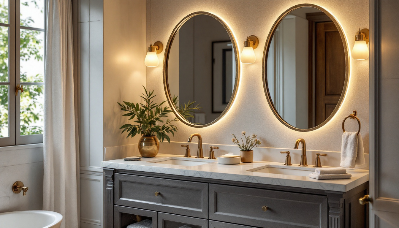 A photograph of a beautifully styled bathroom featuring a well-lit bath vanity with an elegant light fixture