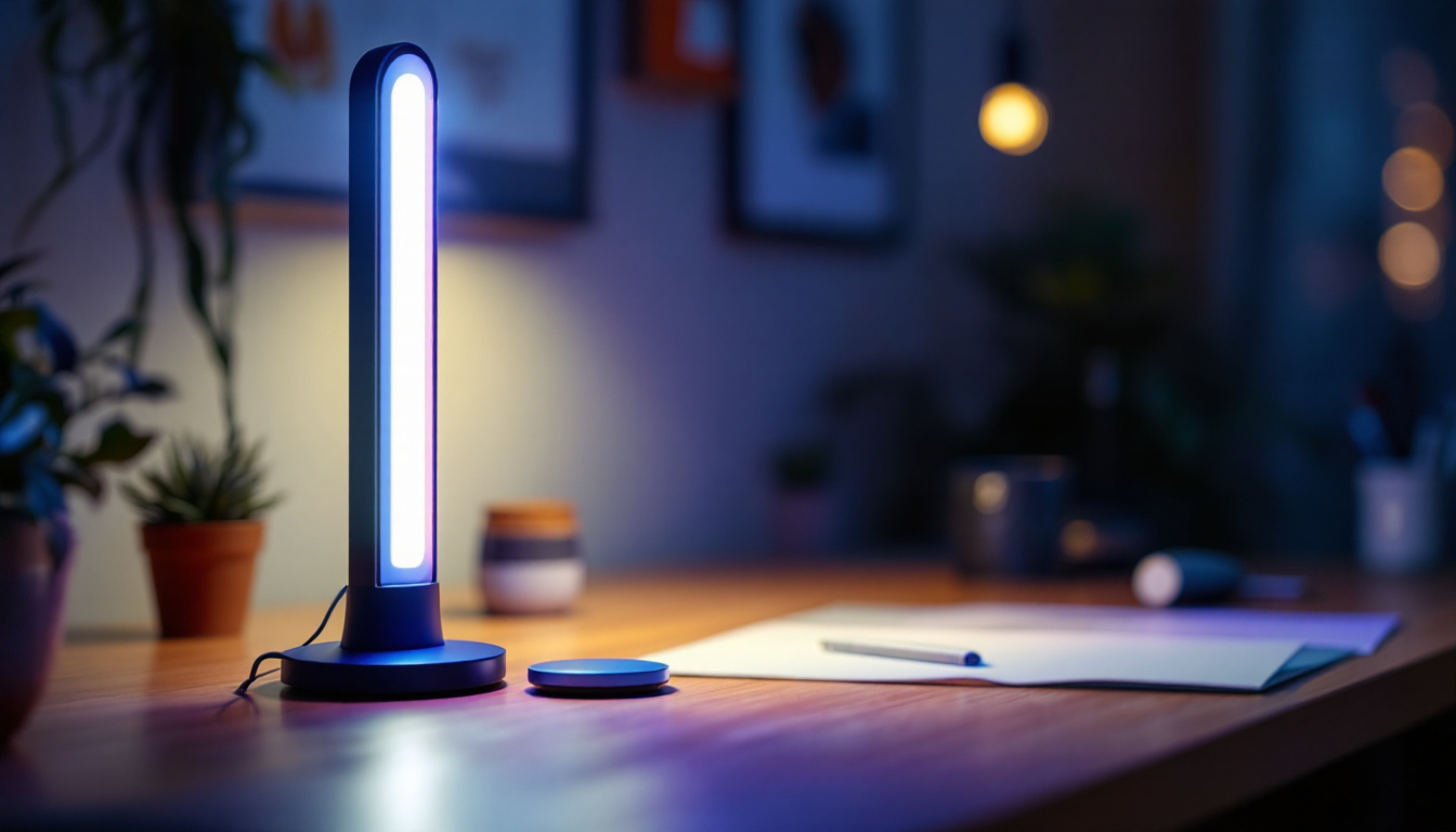 A photograph of a vibrant fluorescent lamp illuminating a workspace