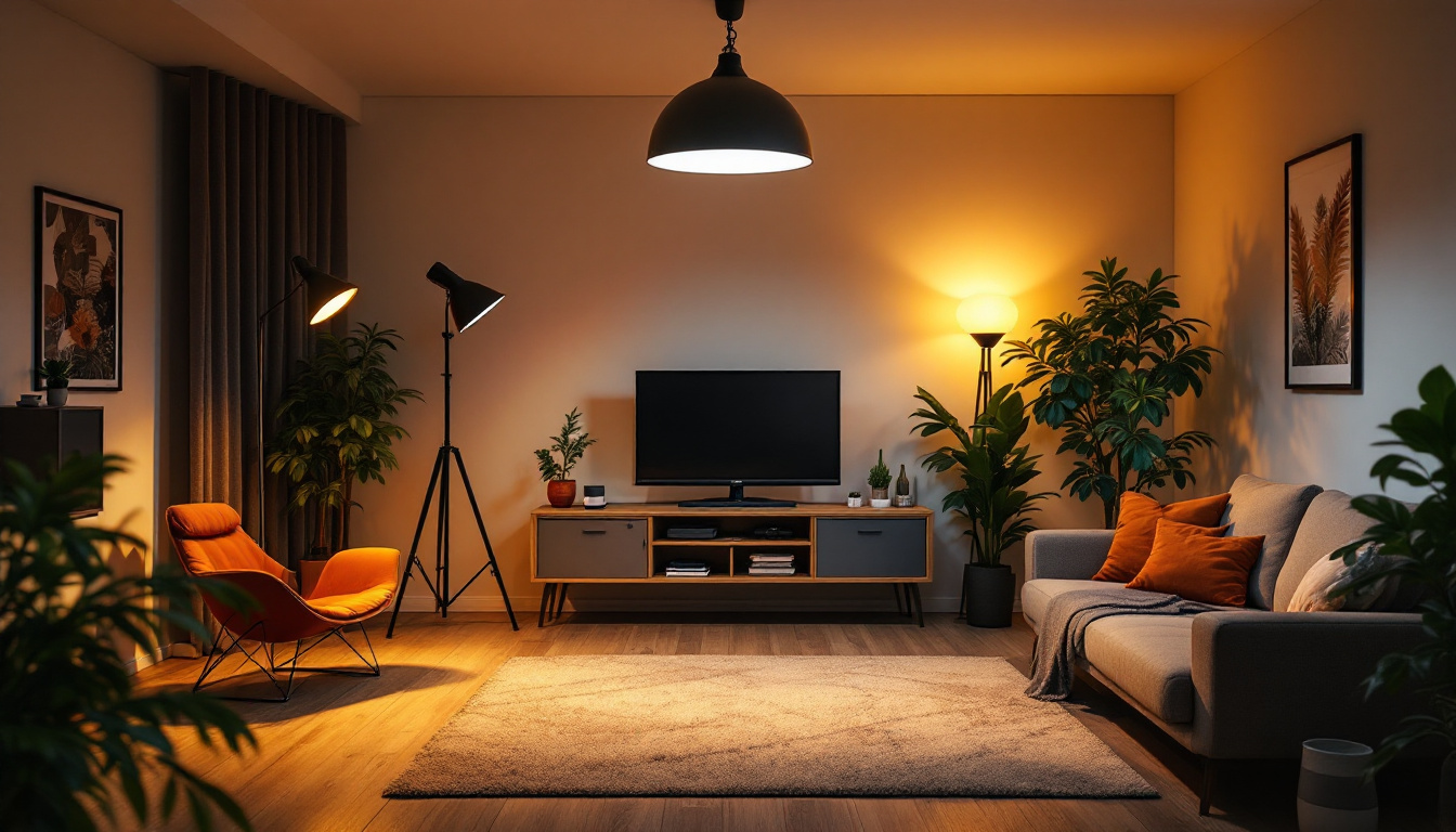 A photograph of a well-lit interior space showcasing various lighting sources at different brightness levels
