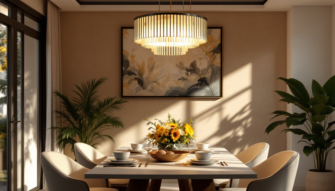 A photograph of a beautifully designed dining room featuring an elegant ceiling light fixture that enhances the ambiance
