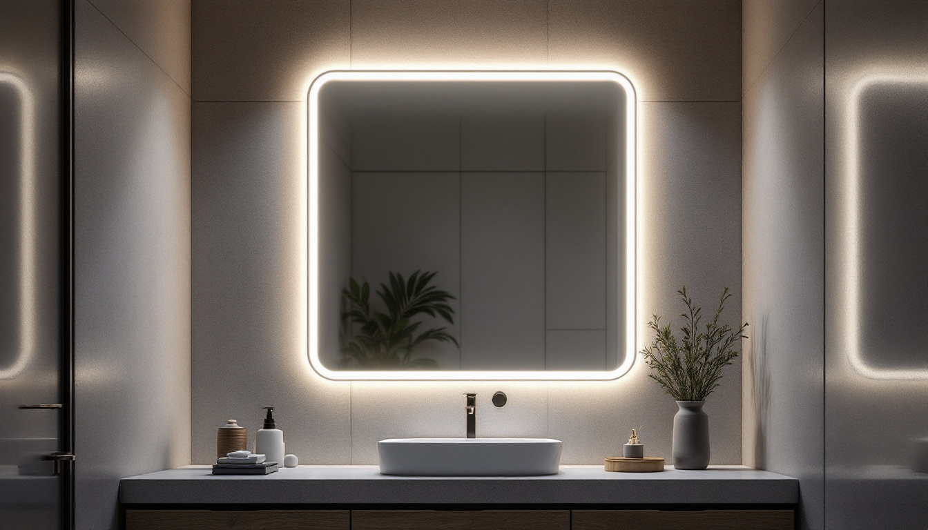 A photograph of a stylish bathroom featuring a well-lit mirror with integrated led lighting