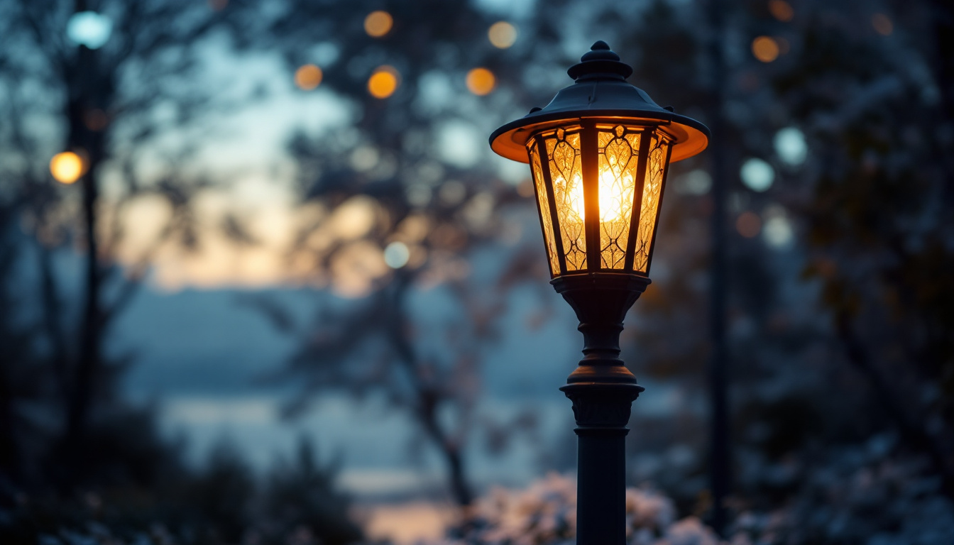 A photograph of capture a photograph of a beautifully illuminated outdoor light post at dusk