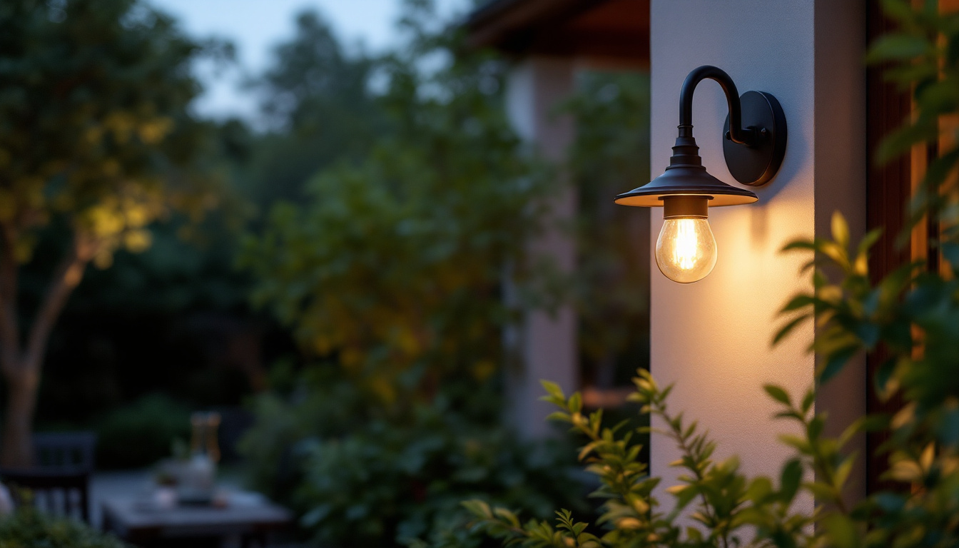 A photograph of a beautifully styled outdoor setting featuring a bronze gooseneck sconce illuminated at dusk