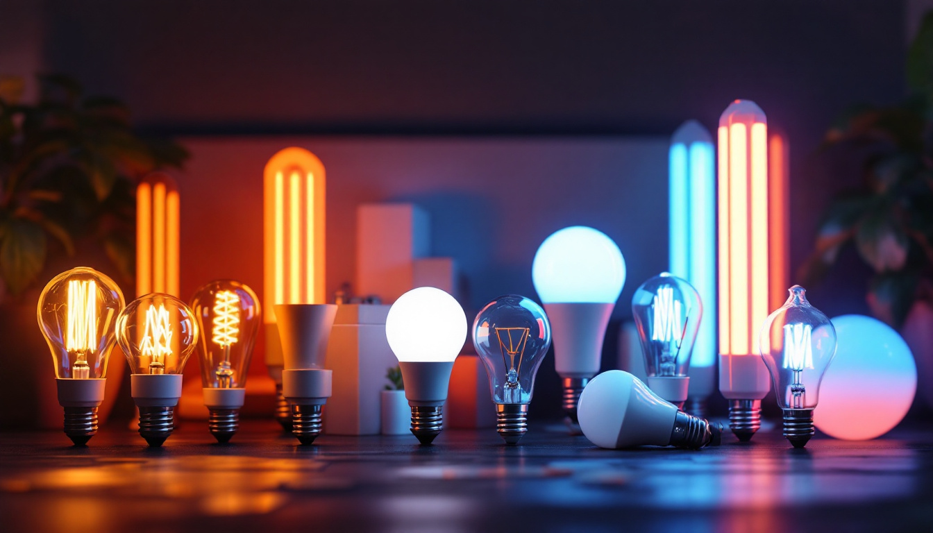 A photograph of a well-lit scene showcasing various types of fluorescent bulbs arranged aesthetically