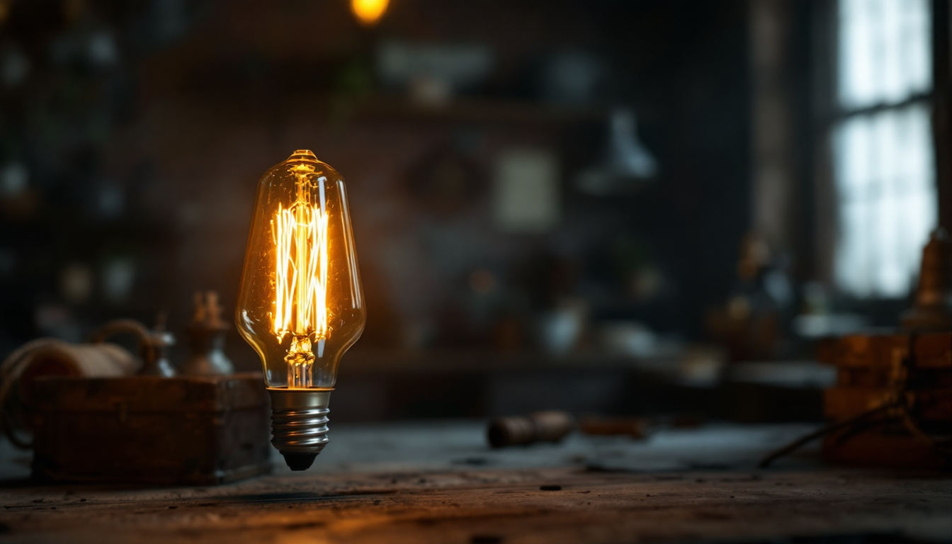 A photograph of a vintage-style electric light bulb glowing warmly in a dimly lit setting
