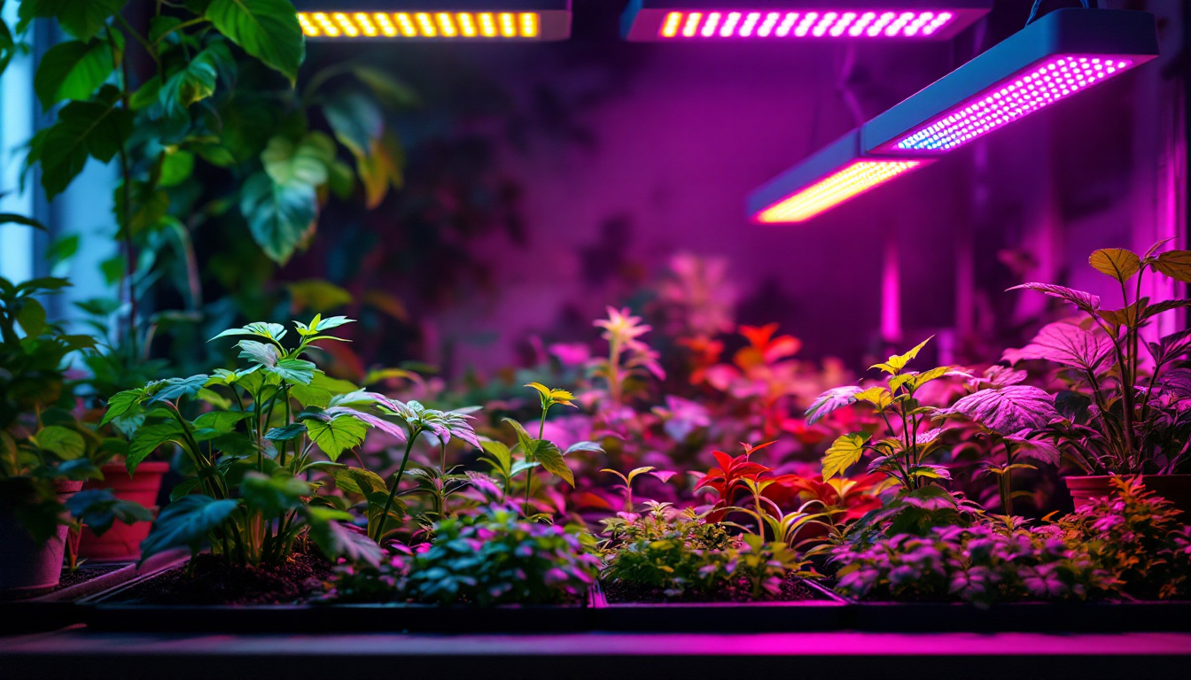 A photograph of a vibrant indoor garden setup illuminated by various led grow lights