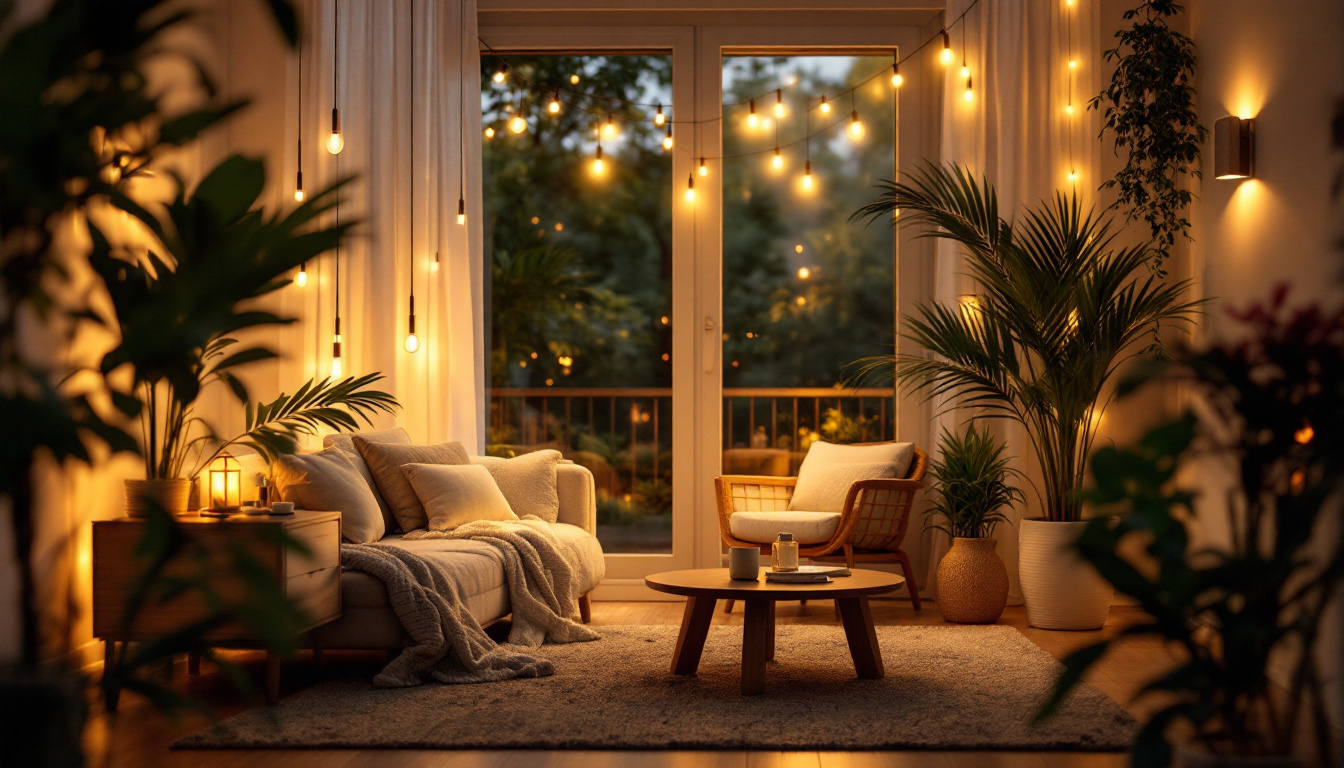 A photograph of a cozy indoor space illuminated by stylish solar-powered lights