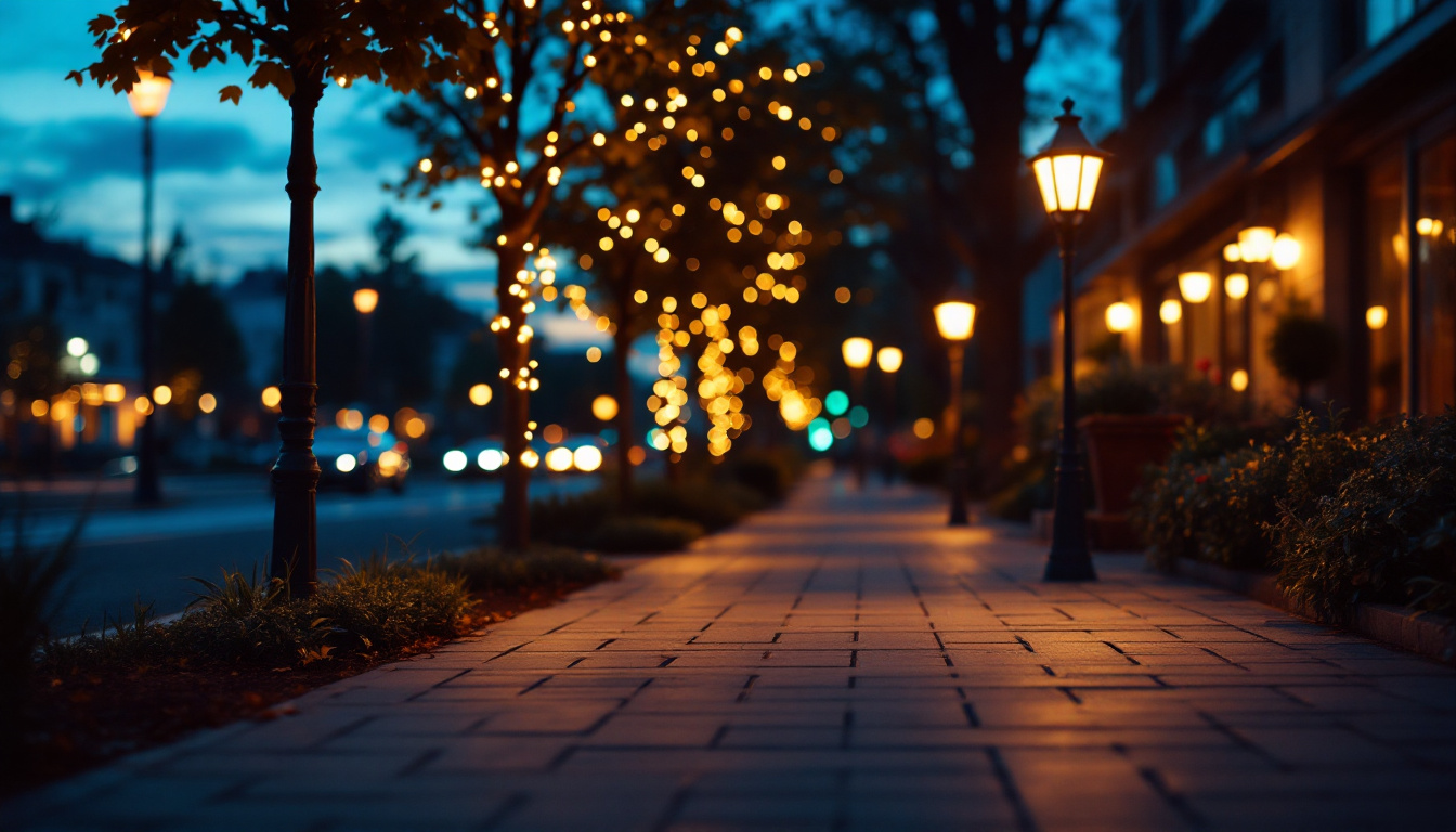 A photograph of a beautifully illuminated sidewalk at dusk