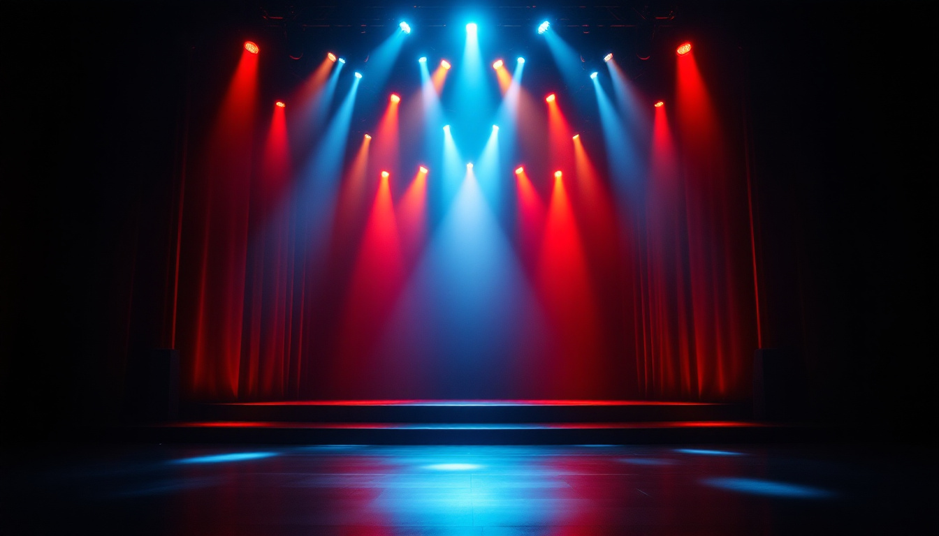 A photograph of a theater stage illuminated by a dynamic array of colorful stage lights