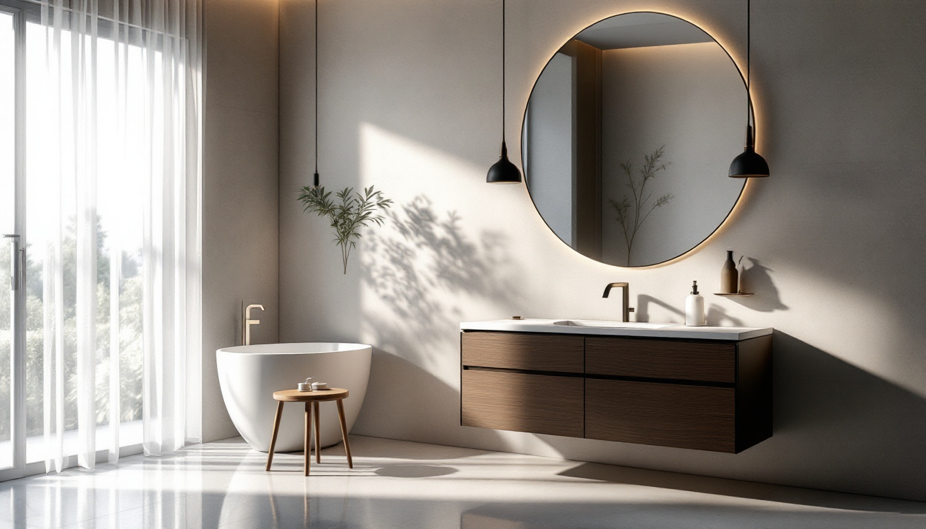 A photograph of a stylish bathroom featuring an elegant bath vanity with well-designed lighting