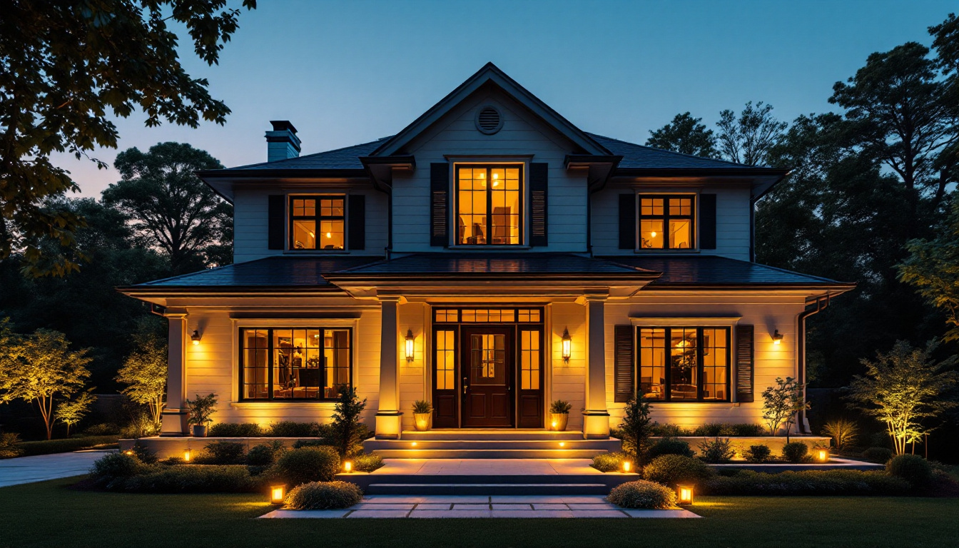 A photograph of a beautifully illuminated front house facade at dusk