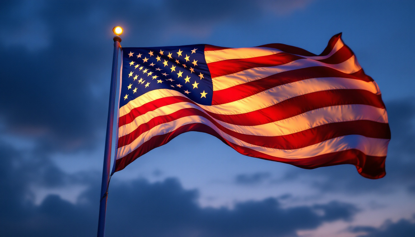 A photograph of a beautifully illuminated american flag at dusk